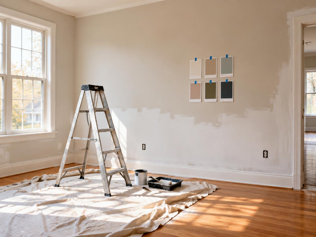 A room mid-paint with color swatches taped to the wall