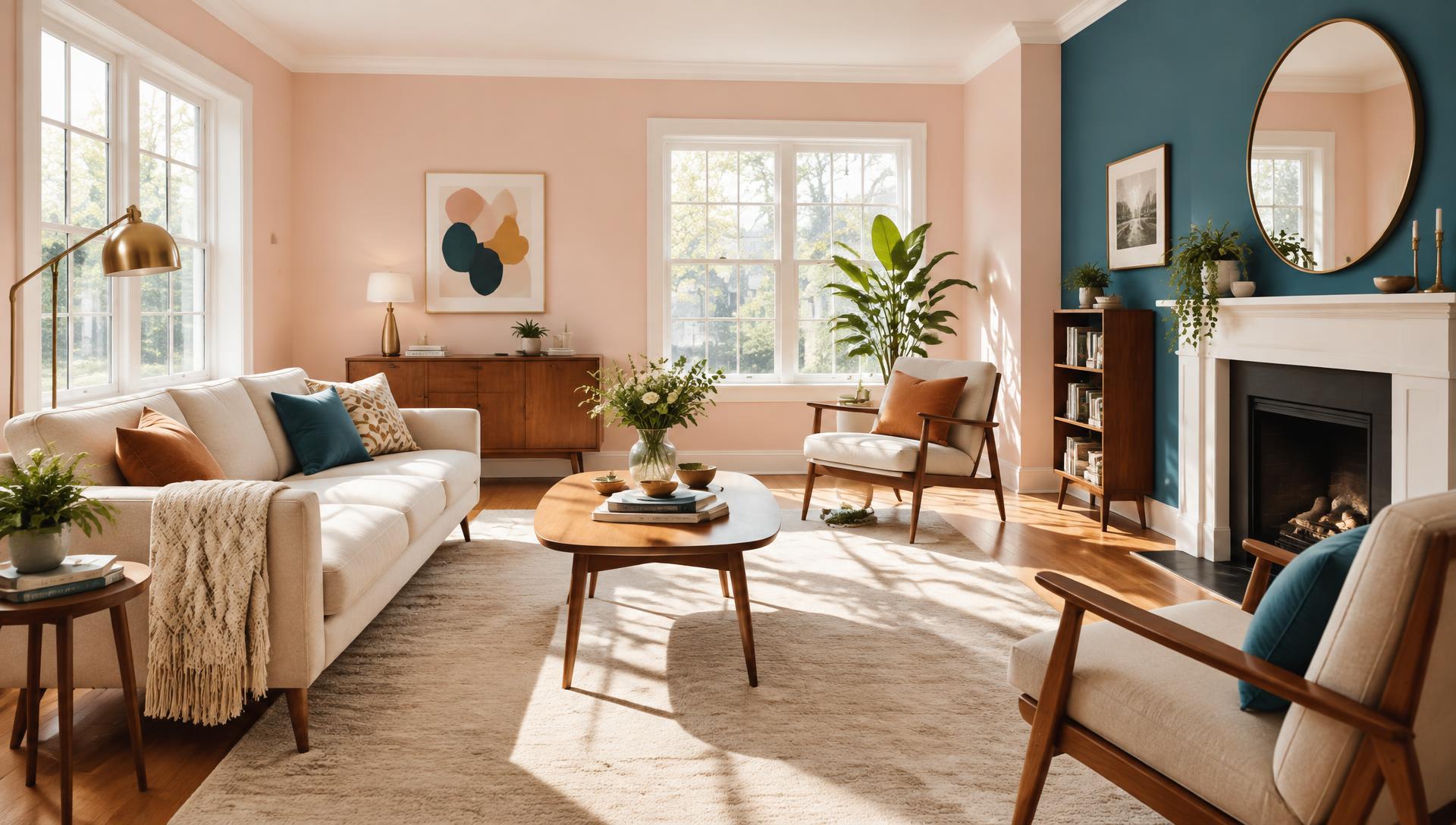 A freshly painted living room in Cosmo pink and teal